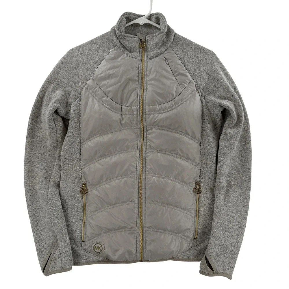 Michael Michael Kors Jacket Womens Small Gray Quilted Puffer Knit Zip Thumbholes